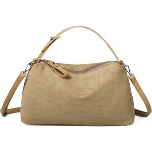 Beige Suede Crossbody Shoulder Bag for Women with Zipper & Top Handle - Stylish,